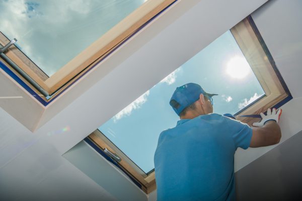 Caucasian Male Worker in Blue Outfit Preparing Skylight Window before Painting the Walls White in the Room. Renovation Work Theme.